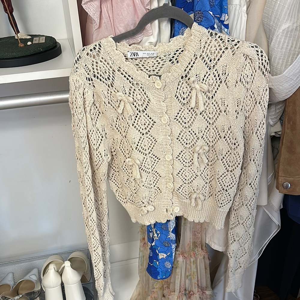 Zara Beige Knit Cardigan with Bow Details